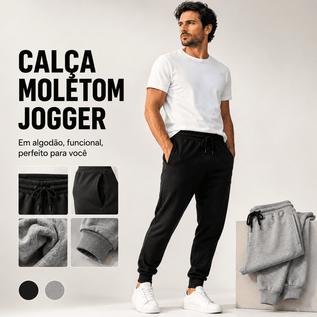 CALÇA MOLETOM JOGGER EM ALGODÃO | PELUCIADA | UNISSEX | FUNCIONAL | ACABAMENTO DE QUALIDADE