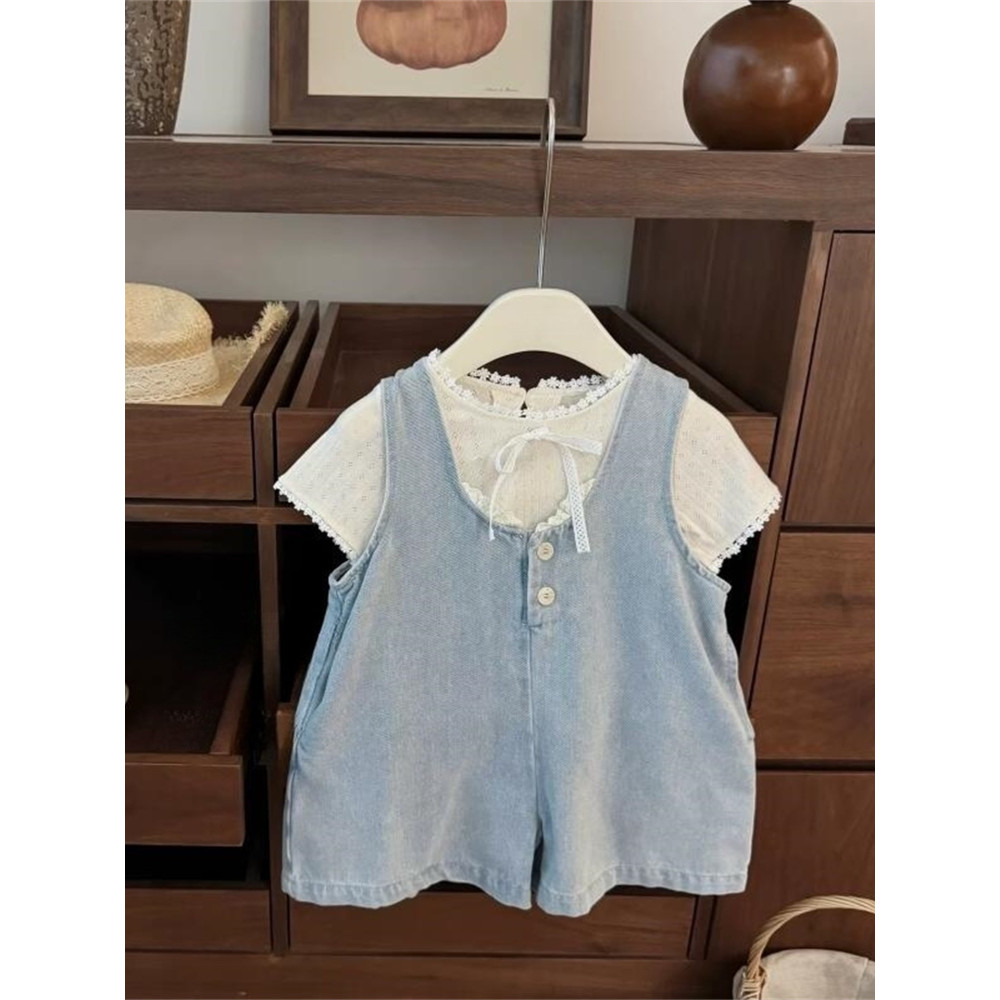 Verão menina moda terno bebê menina versão coreana Denim macacão arco de manga curta terno de duas peças na moda