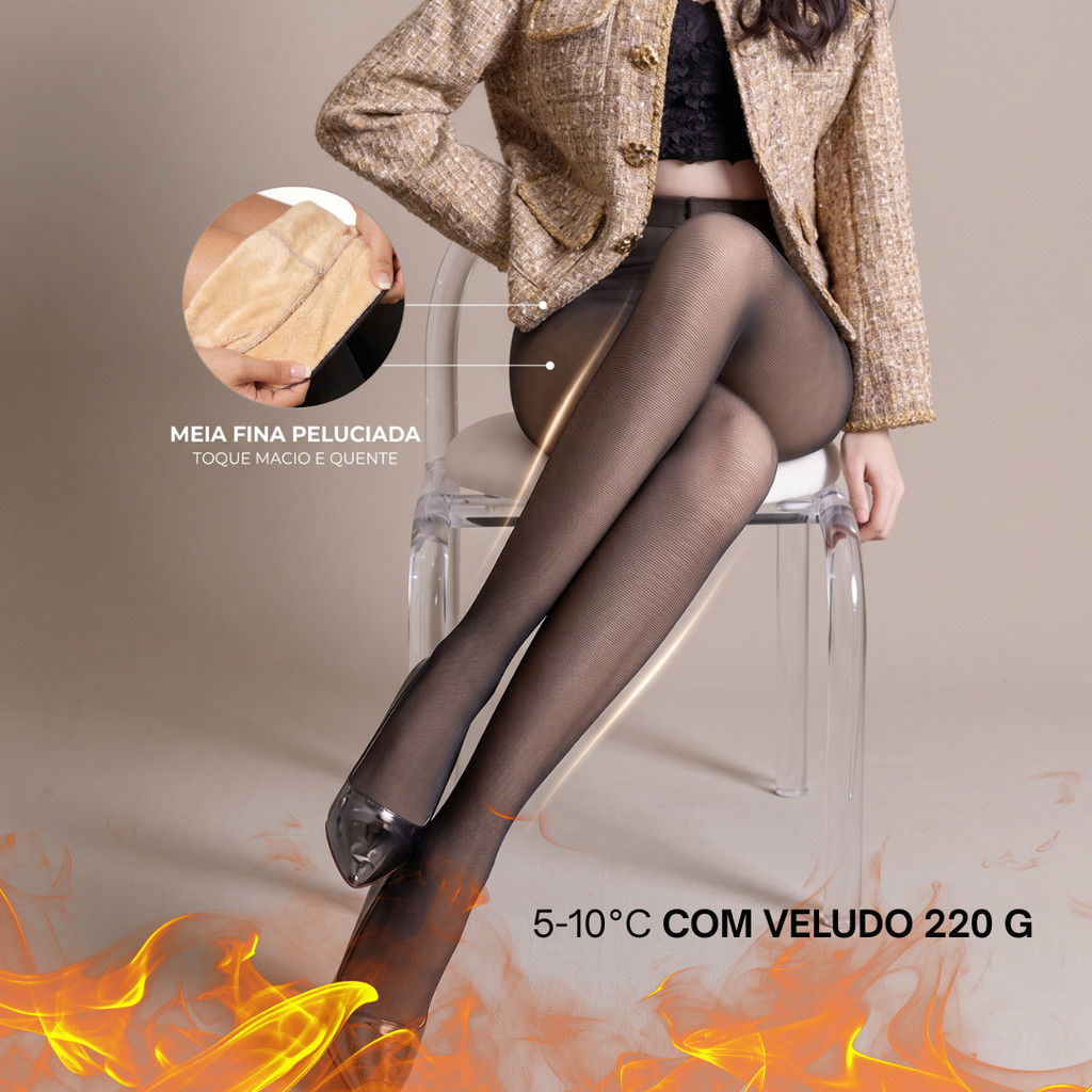 Meia-Calça De Lã Térmica Oferta Forrada Peluciada Translúcida Quente Feminina Para Inverno