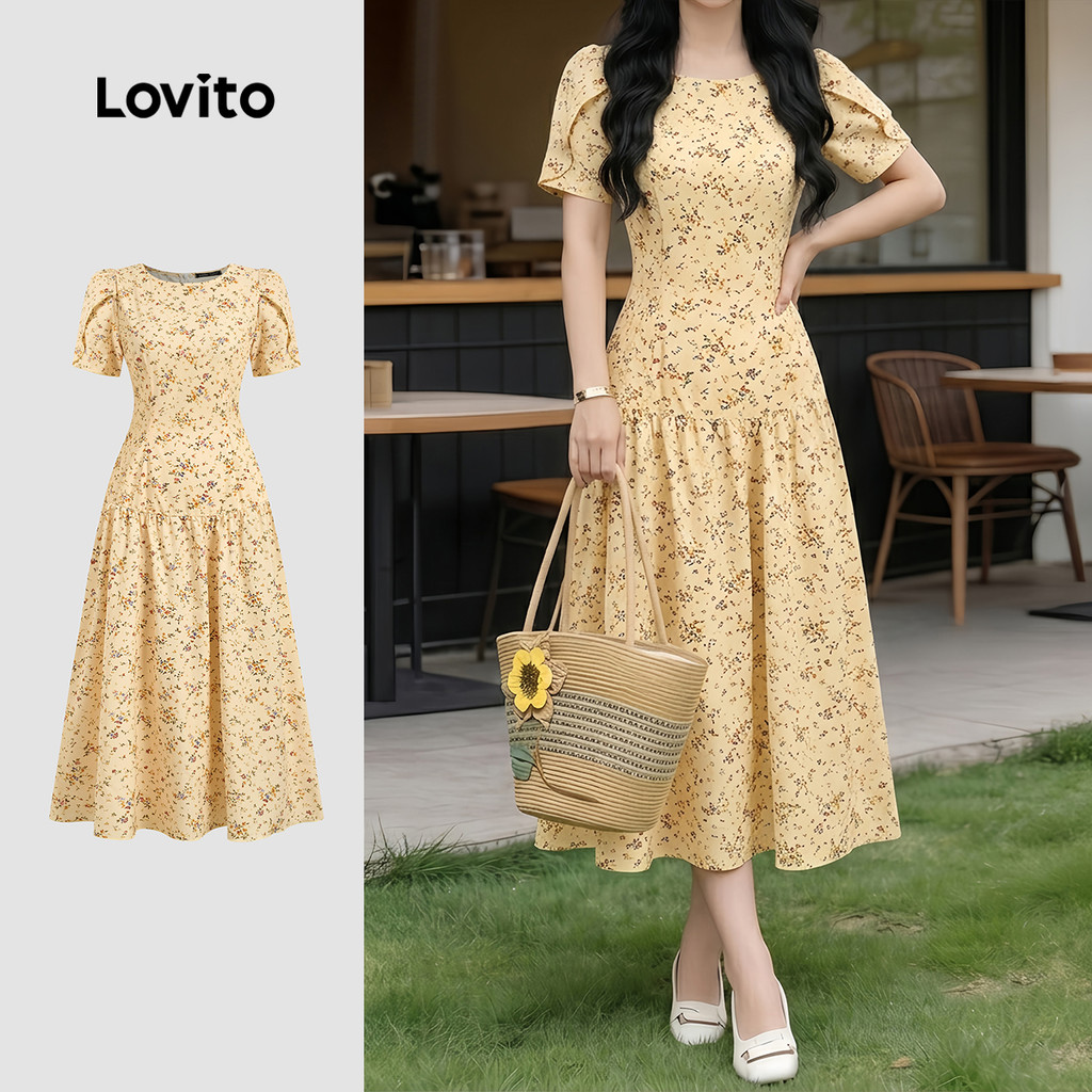 Lovito Padrão de Vestido Casual para Viagem Lazer Primavera/verão Vestido Amarelo para Mulheres LK4PAD331
