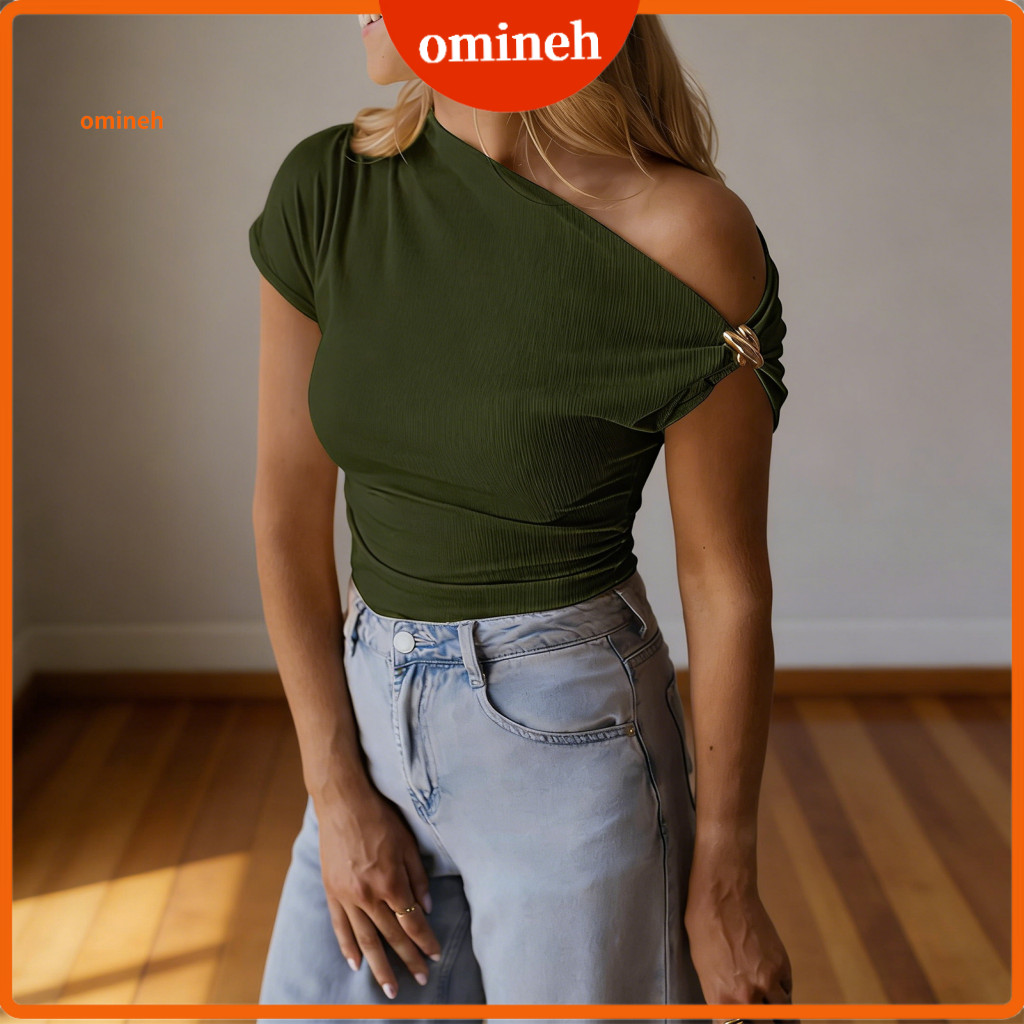 Sexy Women Tee Women’s Soft Stretchy T-shirt Regular Fit Sloping Shoulder Short Sleeve Pullover with Metal Design –