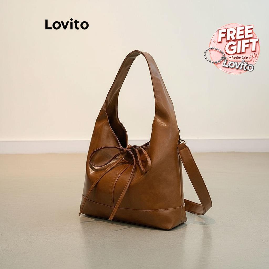 Lovito Bolsa Tote De Ombro Casual Com Laço Textura Brilhante E Grande Capacidade Para Viagens Uso Diário Escola/estudantis Moda Coreana Para Mulheres LFA60037