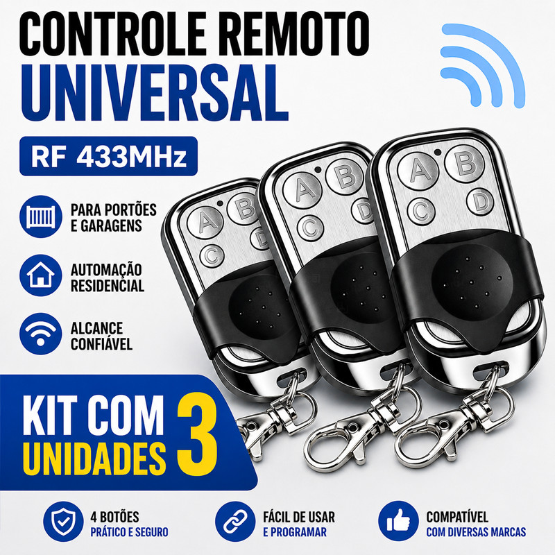 Controle Remoto Universal RF 433MHz 4 Botões para Portões Eletrônicos Garagem Automação Residencial