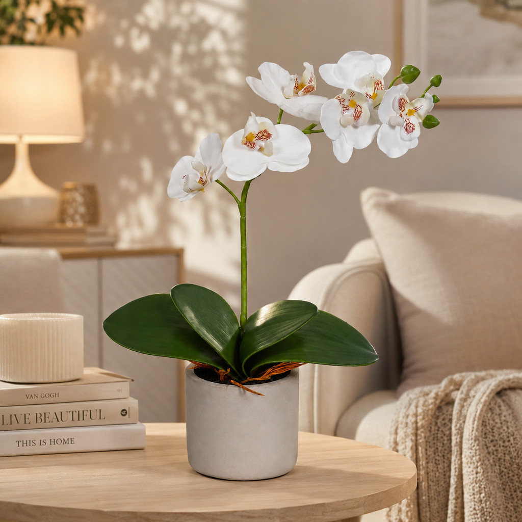 Arranjo Orquídea Artificial Toque Real Branco Amarelo C/ Vaso De Cerâmica Decorativo 35cm Casa Primo
