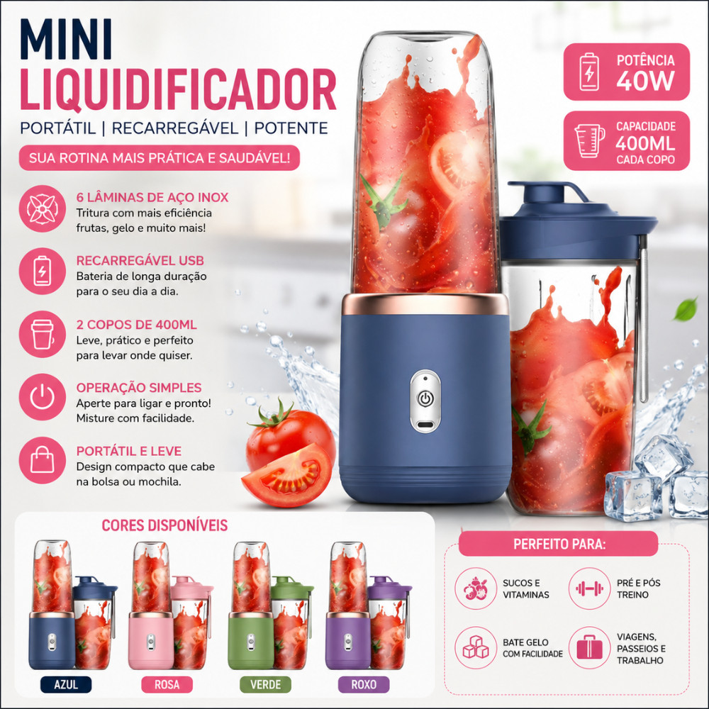 Mini Liquidificador Portátil Recarregável USB 2 Copos 400ml 6 Lâminas Mixer Shake Sucos 40W