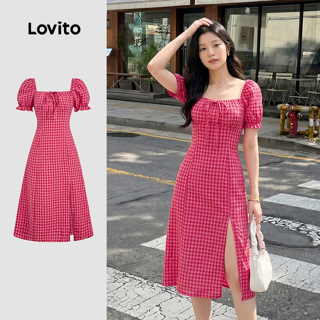 Lovito Casual Vestido Vermelho Rosado de Estilo Resort para Mulheres Dividido primavera/verão L183AD033
