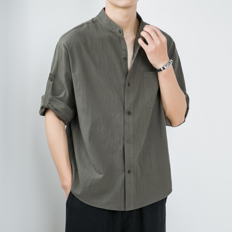 Japonês Retro de manga curta algodão linho camisa masculina verão fino solto bonito tamanho grande cinco pontos de manga