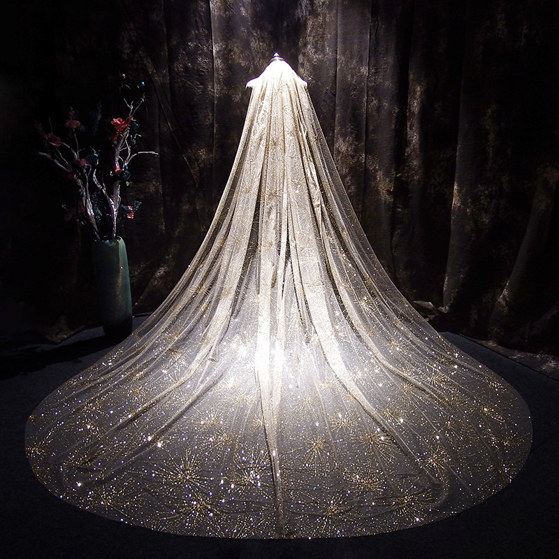 Novo estilo super longo arrastando vestido de noiva véu influenciador foto véu cocar super fada floresta estilo brilhant