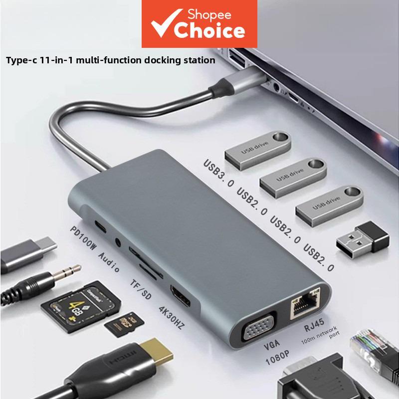 Adaptador USB C Hub 11 em 1 com HDMI 4K/VGA/PD Tipo C/RJ45/leitor de cartão SD/TF para MacBook e notebooks