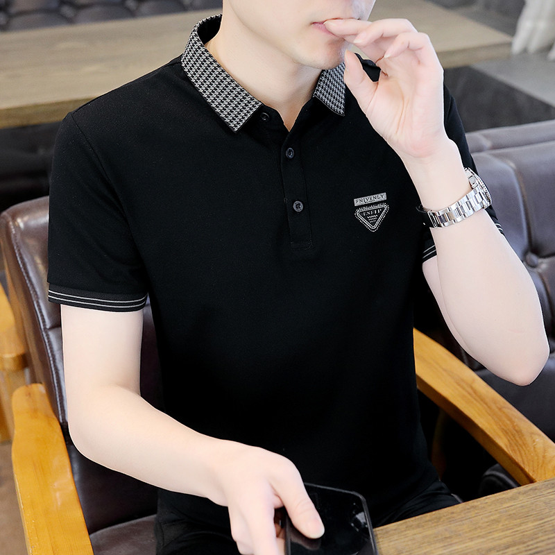 Street Wear bonito lapela de manga curta camiseta masculina verão High-End Casual colarinho Paul camisa polo preto roupa