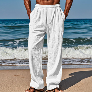 2025 novo estilo solto Anti-algodão calças de linho masculino cintura elástica em linha reta cor sólida Casual rendas ca