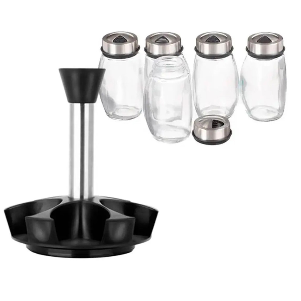 Porta Tempero Condimentos Giratorio Aço Inox Vidro 6 Potes 100ml 3 Furos Cozinha Mesa Bancada Restaurante Casa — imagem 2 de 2