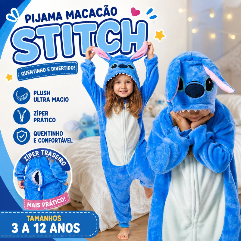 Pijama Macacao Kigurumi Infantil Stitch Menino Menina Fantasia De Pelucia Com Ziper Quentinho