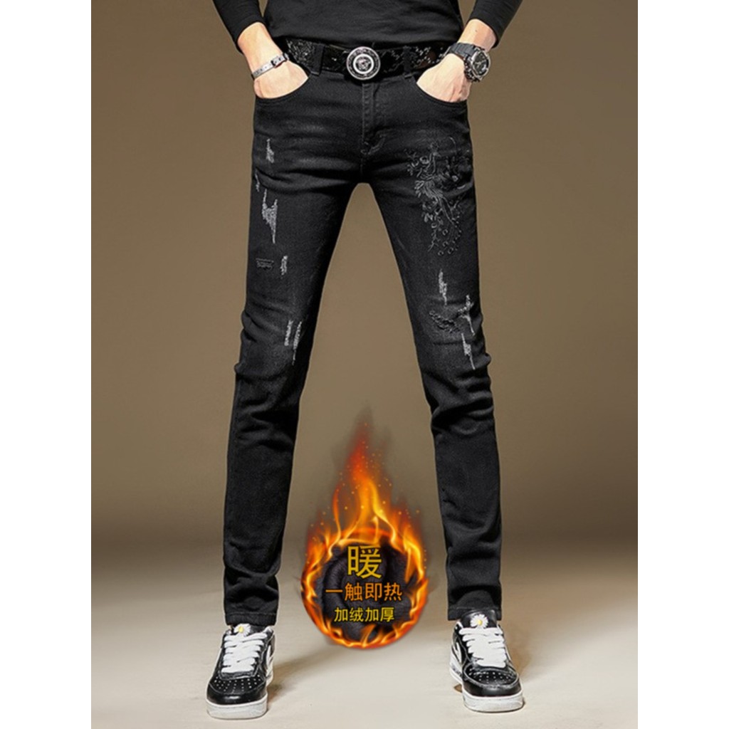 2025 primavera outono novo estilo High-End Jeans masculino rasgado pavão bordado preto fino ajuste calças compridas reta
