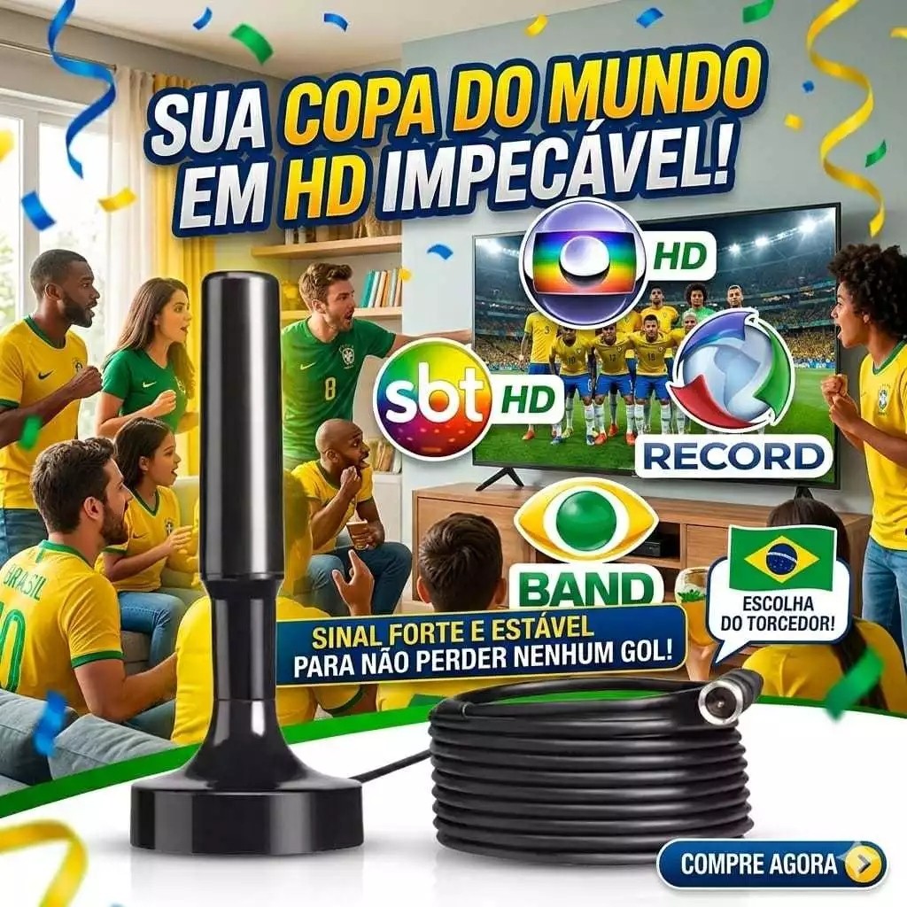 Antena de TV Digital Compatível 4K Full HD Uso Interno e Externo Cabo Longo Sinal Potente