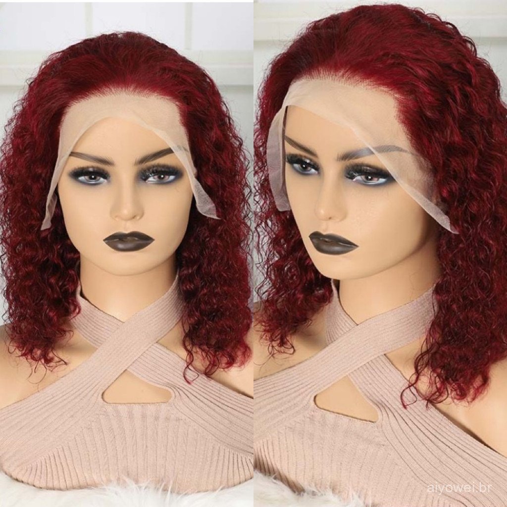 Peruca cacheada elegante, toda em estoque, fábrica de fibra sintética, peruca curta vermelha realista com renda natural