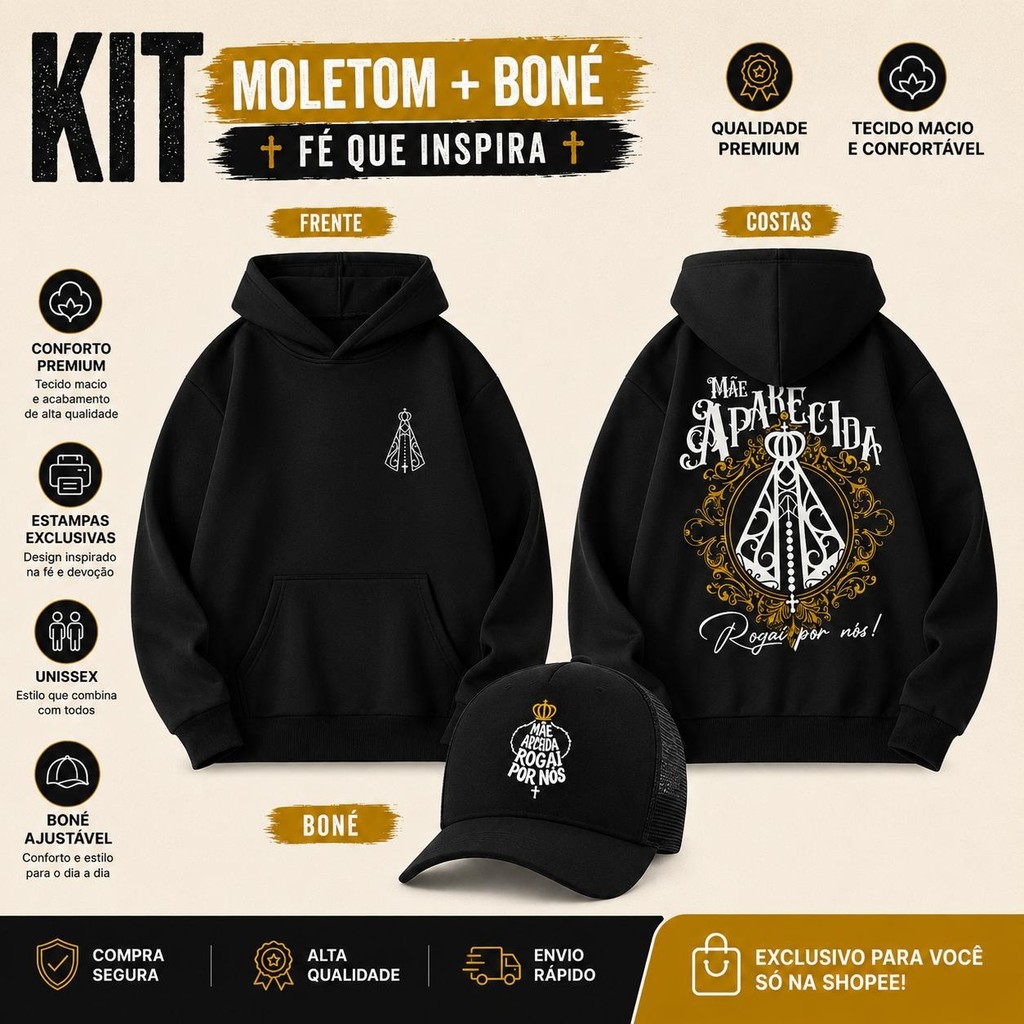Kit Moletom Canguru + Boné Nossa Senhora Aparecida Jesus Pétalas de Rosas Cristão Algodão Unissex
