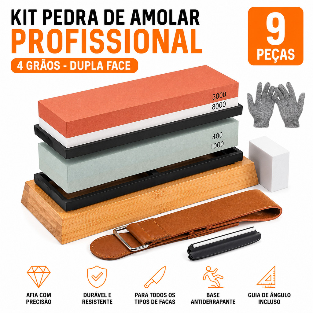 Kit 9 Peças Pedra Afiar Amolar Dupla Face 400/1000+3000/8000 Pedra De Amolar De Corindo Branco