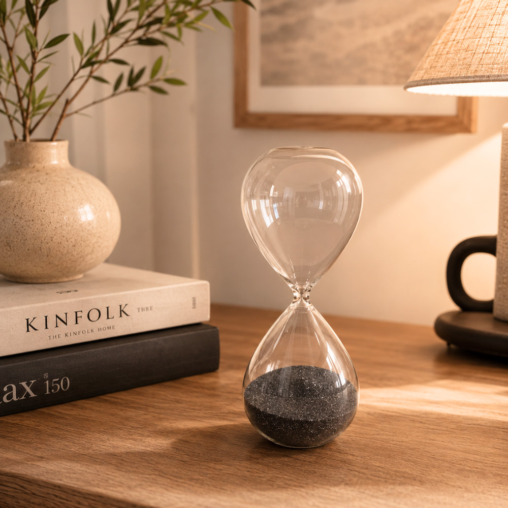 Ampulheta Decorativa em Vidro com Areia Preta 15 Minutos – Decoração Sofisticada para Mesa, Escritório e Aparador