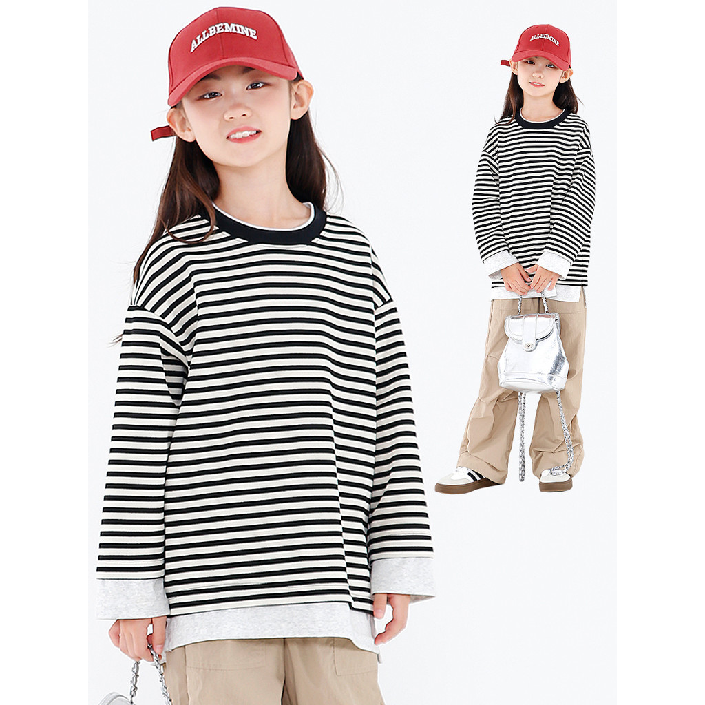 Camiseta listrada para meninas primavera outono estilo ocidental solto falso de duas peças de manga comprida médio grand