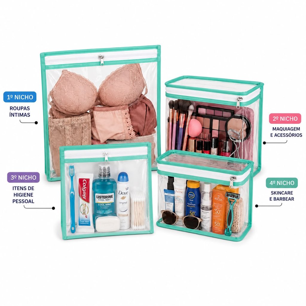 Kit 4 Necessaire Organizadora Transparente Multiuso Viagem Mala Maquiagem Higiene