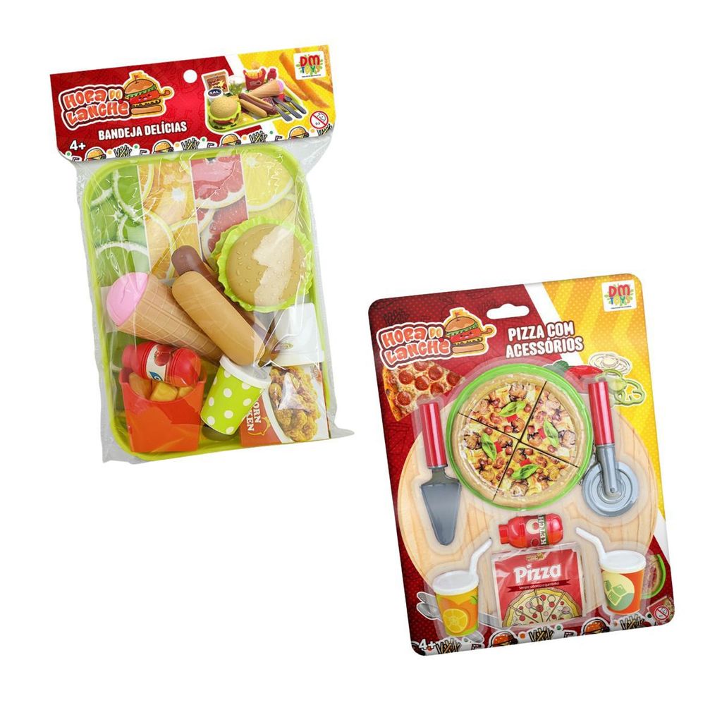 Brinquedo Hora do Lanche Educativo Kit Batata Hambúrguer Infantil Fast Food Comidinha Acessórios Bandeja Pizza