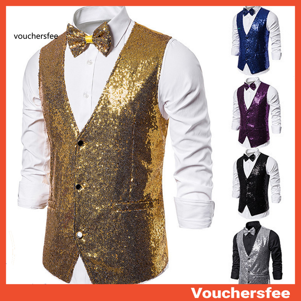Fashionable Men Sleeveless Suit Jacket Solid Color Vest Men's Sequin Bow Tie Set Slim Fit Waistcoat Single-breasted V-ne