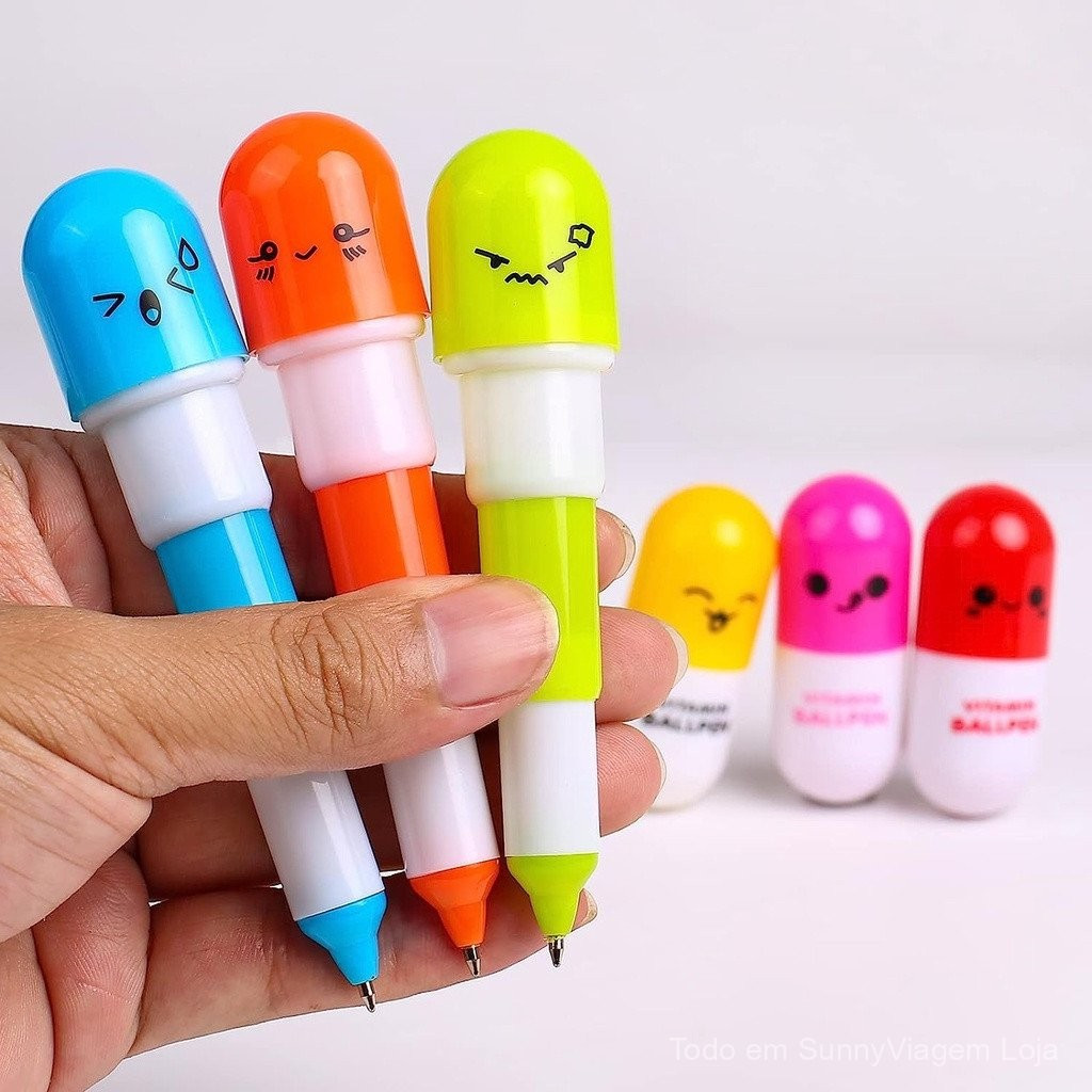 BKTL 10 Unidades Canetas Divertidas em Forma de Pílula com Tema de Desenho Animado, Caneta Retrátil em Forma de Cápsula