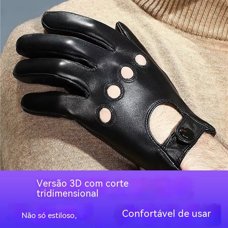 Novas luvas de couro masculinas, estilo bicicleta em pele de carneiro, luvas antiderrapantes de cinco dedos, luvas de co