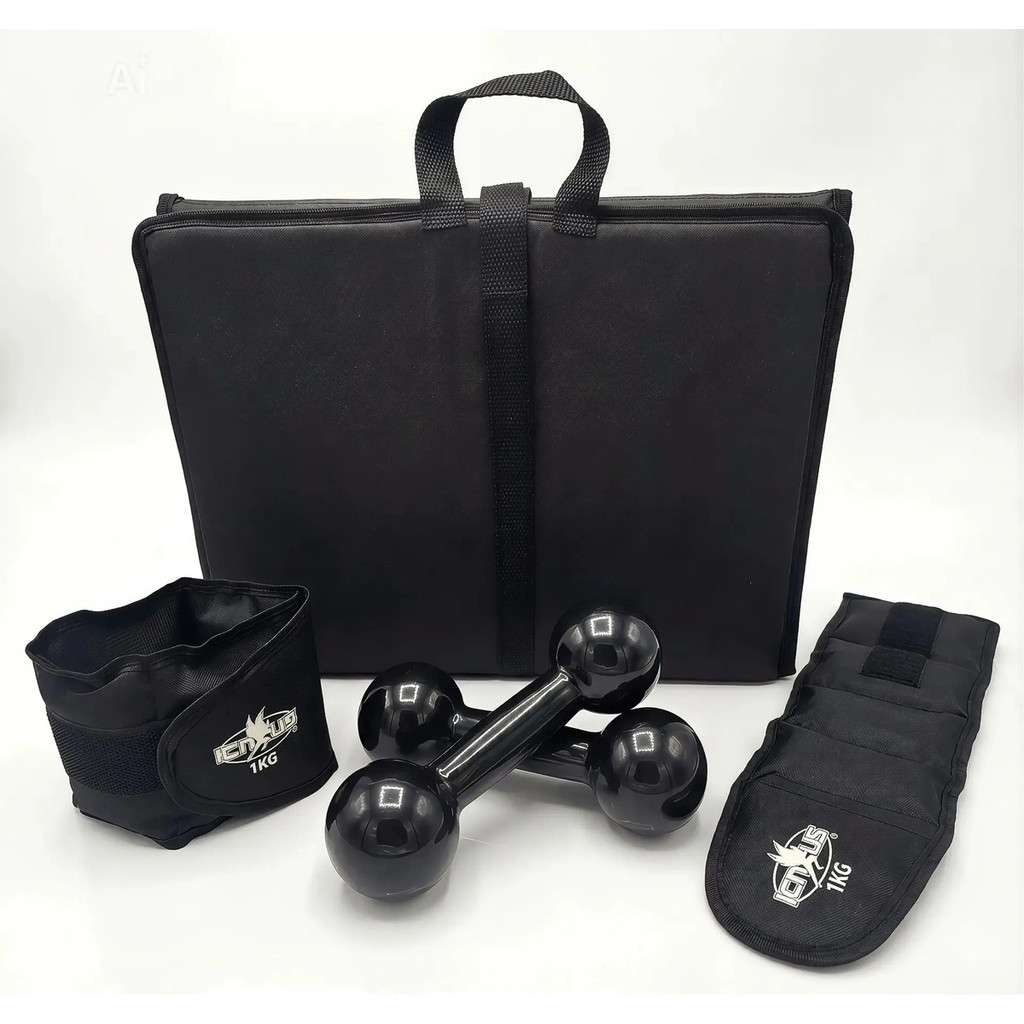Kit Treino Colchonete + Caneleira Tornozeleira Peso 1kg + Par Haltere 1kg Peso de Mão Emborrachado