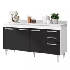 Balcão 150cm Com Tampo Lisboa 4pts 2gav Branco/Preto - Lumil Móveis