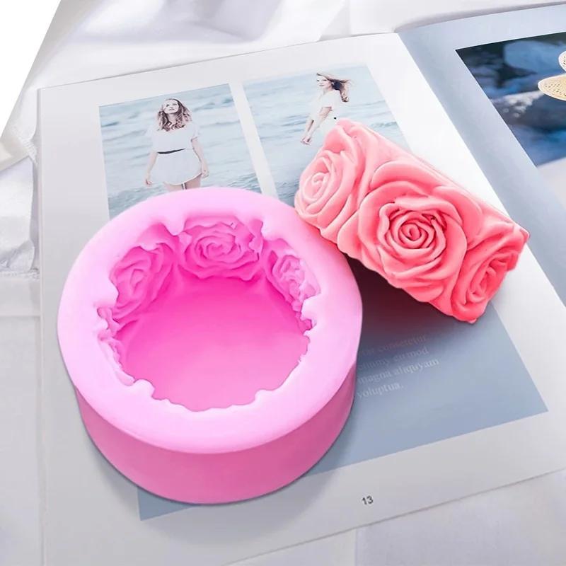 3D Redondo Rosa Flores Forma Silicone Sabão Molde DIY Artesanal Moldes Fazendo Fondant Bolo Vela Artesanato Decoração