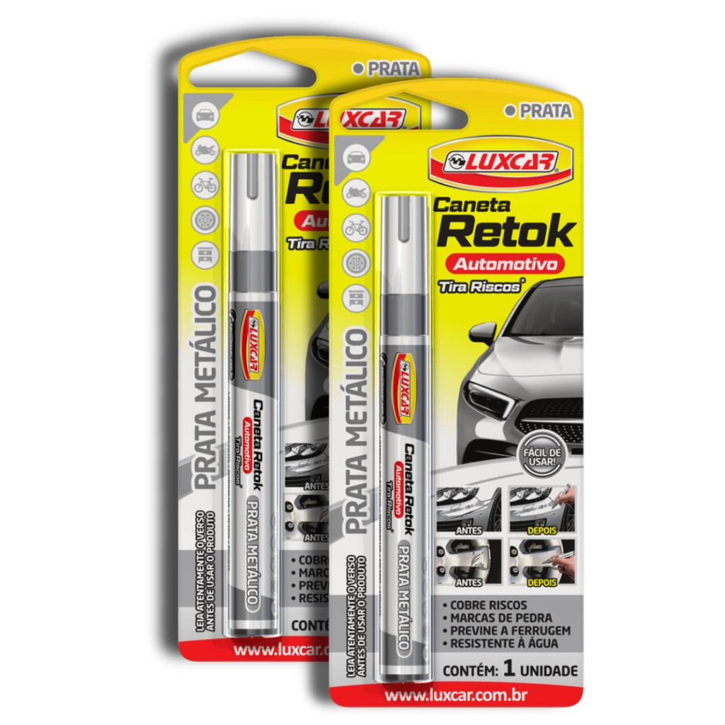 Kit 2 Canetas Tira Riscos Carro Prata Luxcar Retok Cobre Arranhão Automotivo Previne Ferrugem Resistente a Água 2 Peças