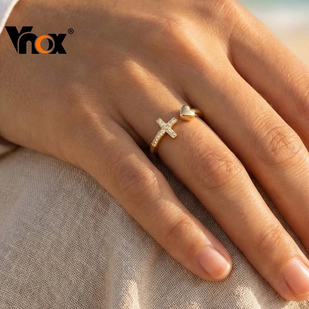 Anel Aberto De Cruz De Zircônia Branca Banhado A Ouro Vnox Para Mulheres , Presente De Joia Hipoalergênica Sem Manchas D