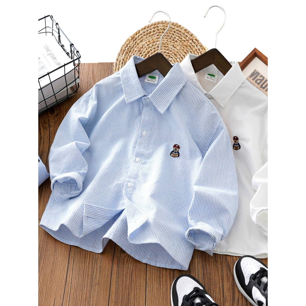 Meninos camisas azuis de manga comprida puro algodão primavera novo estilo crianças camisas listradas casuais moda bebê 