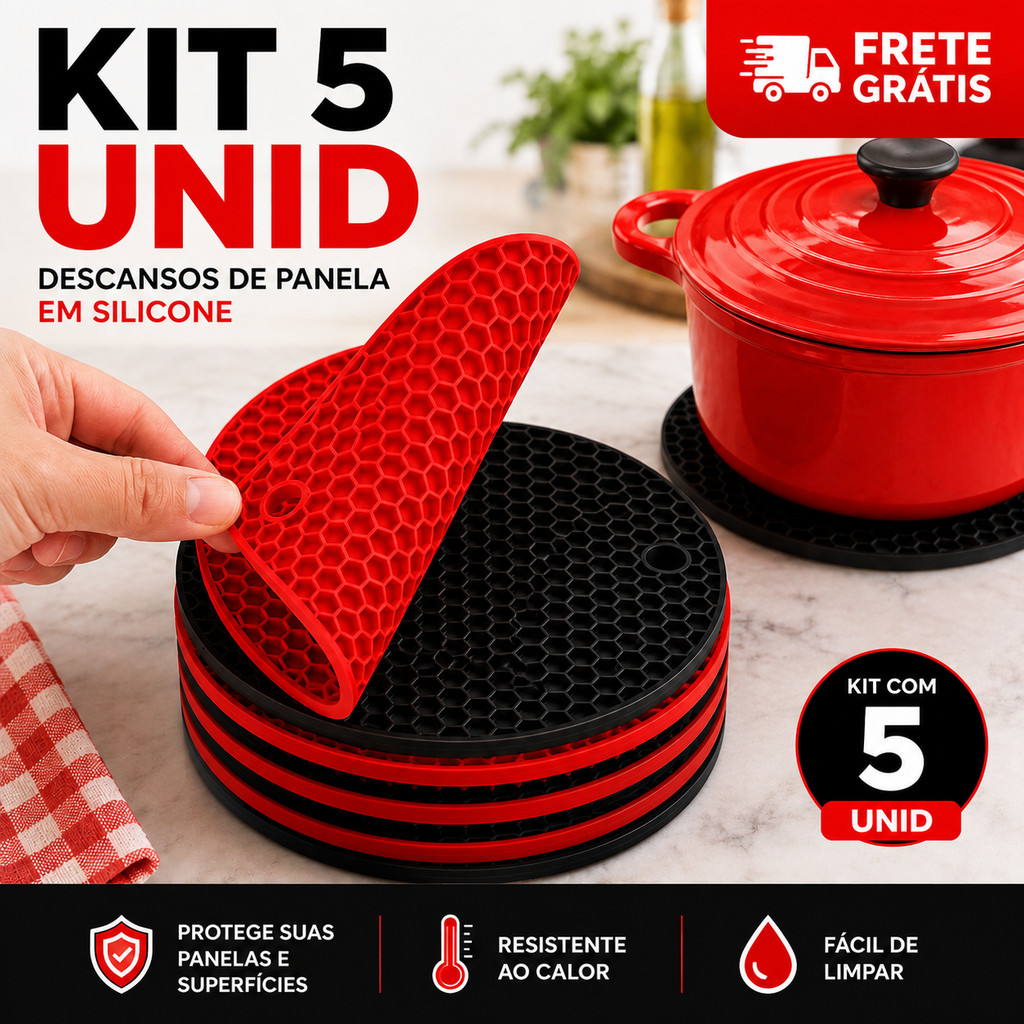 Kit 5/3 Descansos Panela em Silicone Protetor Resistente- VERM/PRETO
