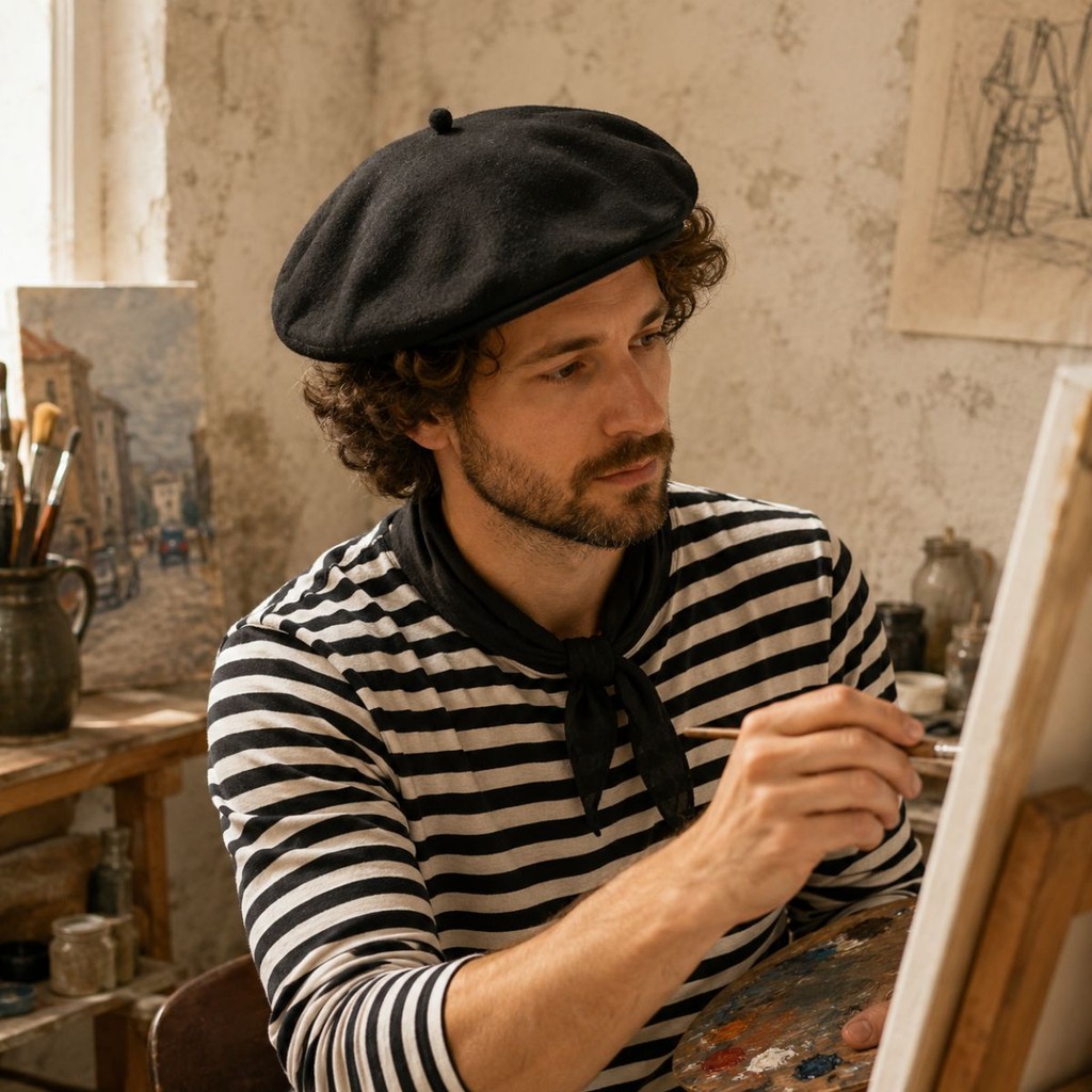 Boina Francesa Preta Fantasia Pintor Poeta Mímico Teatro Festa Carnaval