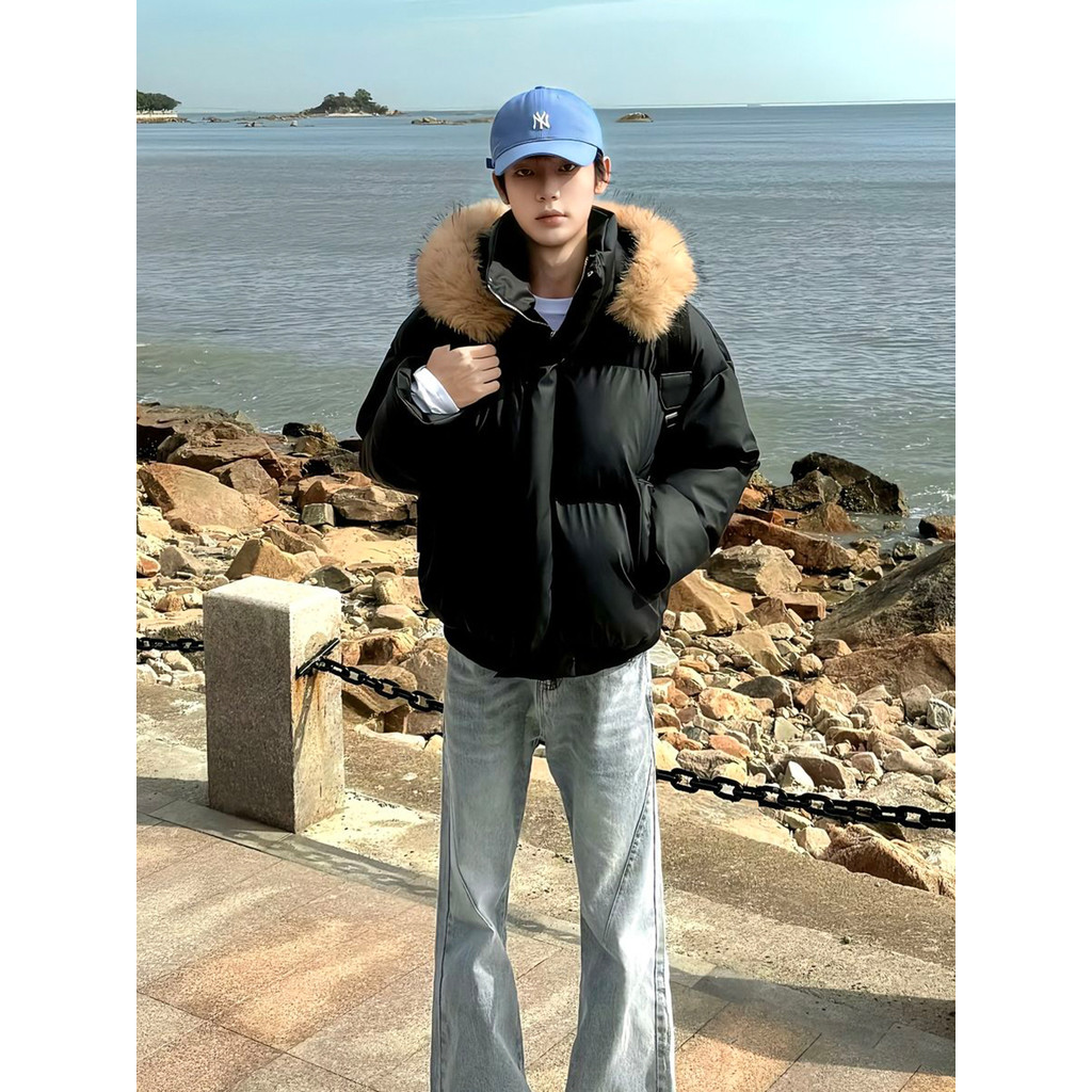Preto destacável gola de pele para baixo jaqueta masculina inverno couro do plutônio com capuz assento montanha esculpid