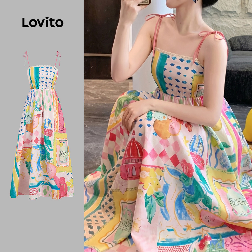 Lovito Padrão de Vestido Boho com Gola Franzida Vestido Primavera/verão para Mul