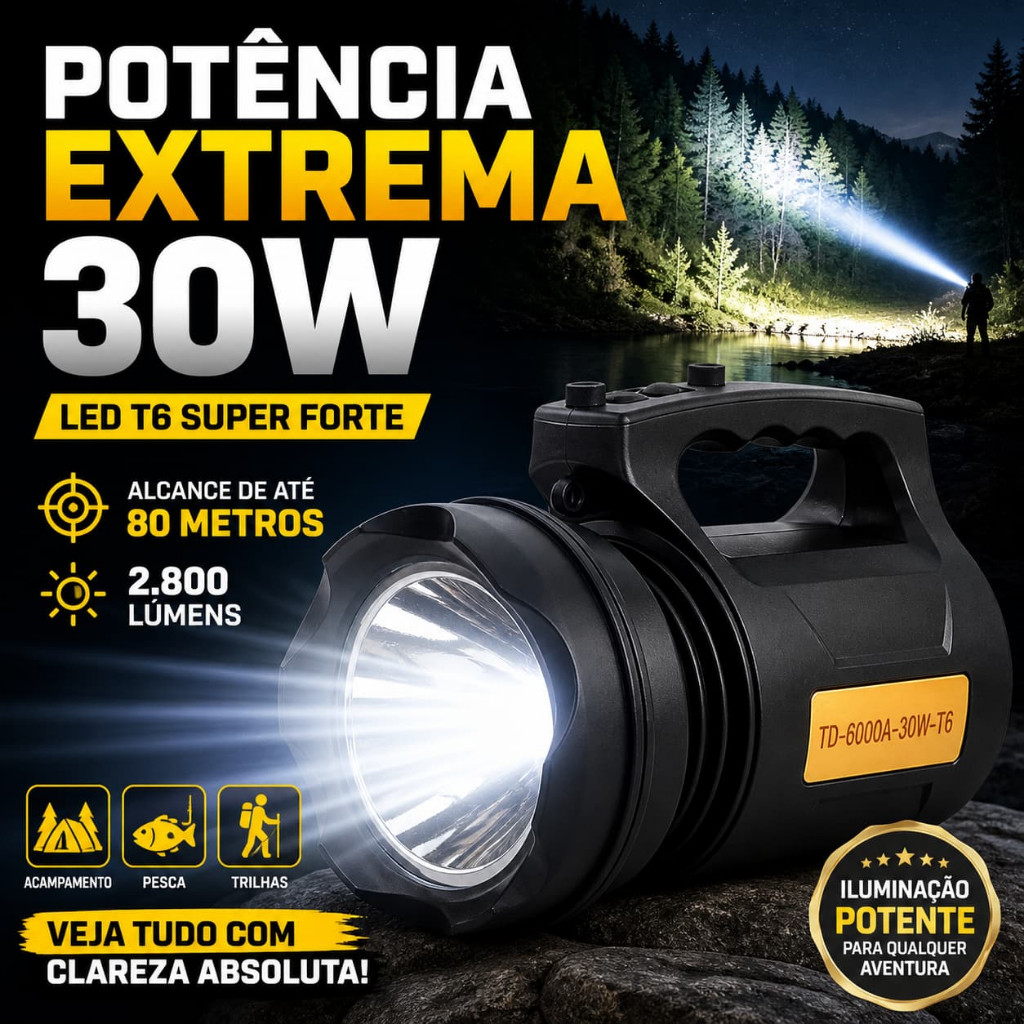 Lanterna T6 Recarregavel 30W Bivolt Holofote LED Forte Longo Alcance Pesca Camping TD-6000A