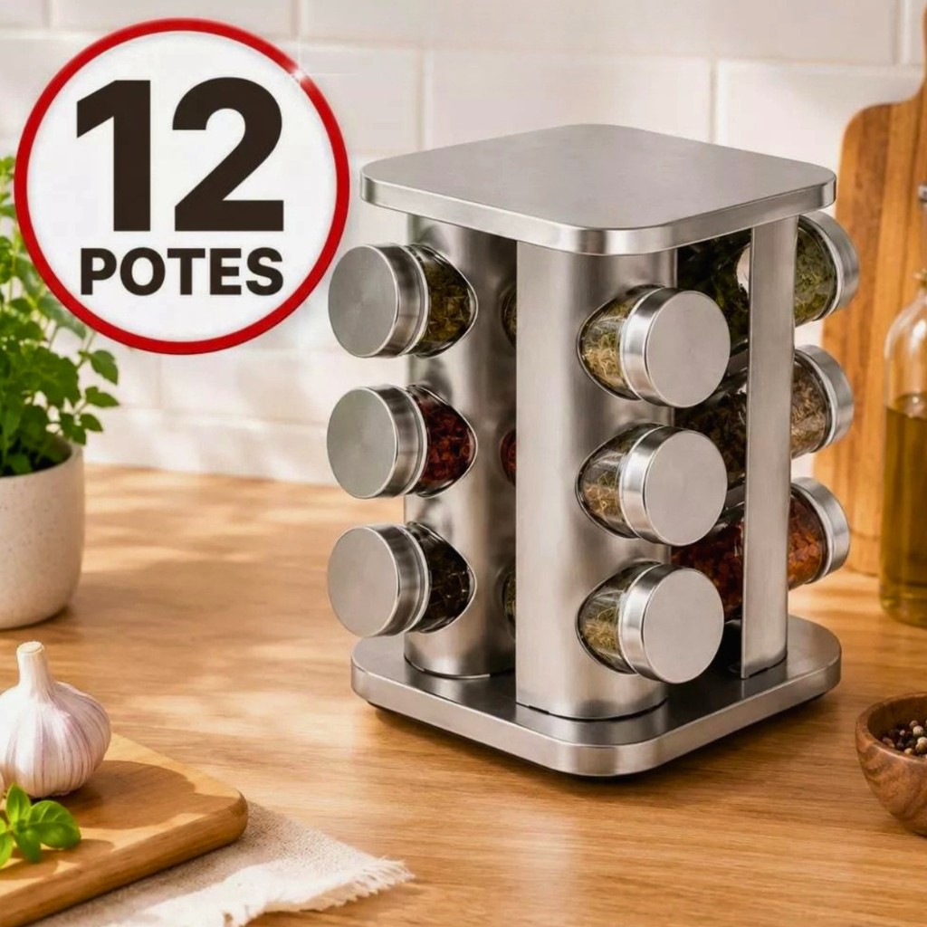 Porta Tempero Giratório 360 Suporte Inox Com 12 Potes Vidro Condimento Cozinha Formato SORTIDO