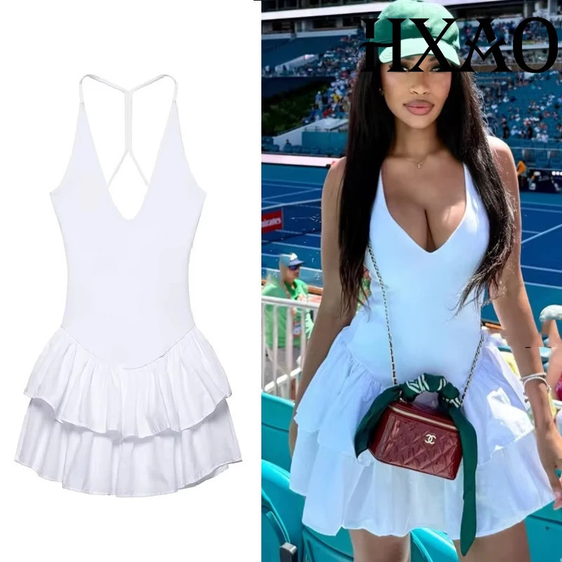 Vestido Feminino HXAO Off Shoulder Halter, Vestido Curto Liso 2025, Vestido Mini em Camadas com Decote em V, Vestido de 