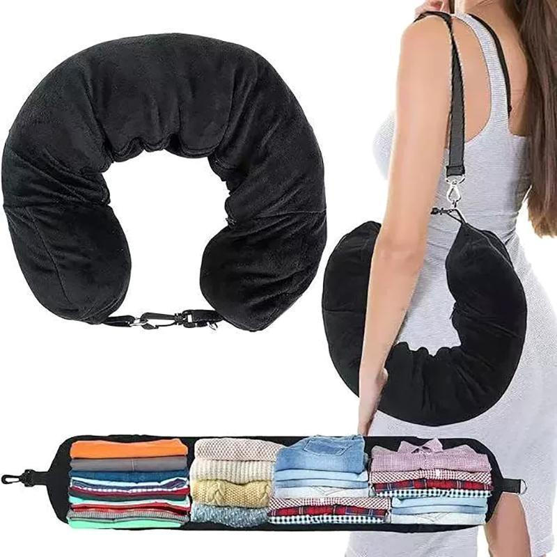 Almofada de Viagem Decorativa com Capa, Almofada de Dormir Recarregável em Forma de U, Fronha de Veludo com Função de Ar
