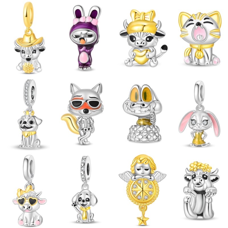 Charme Original S925 prata Denim pingente filhote de cachorro pingente gatinho contas dourado amor coração Highland vaca