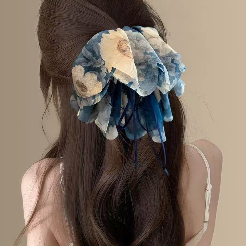 Grampo De Cabelo Com Estampa De Tinta Retrô Moda Azul Floral Rabo De Cavalo Acessórios Para Mulheres