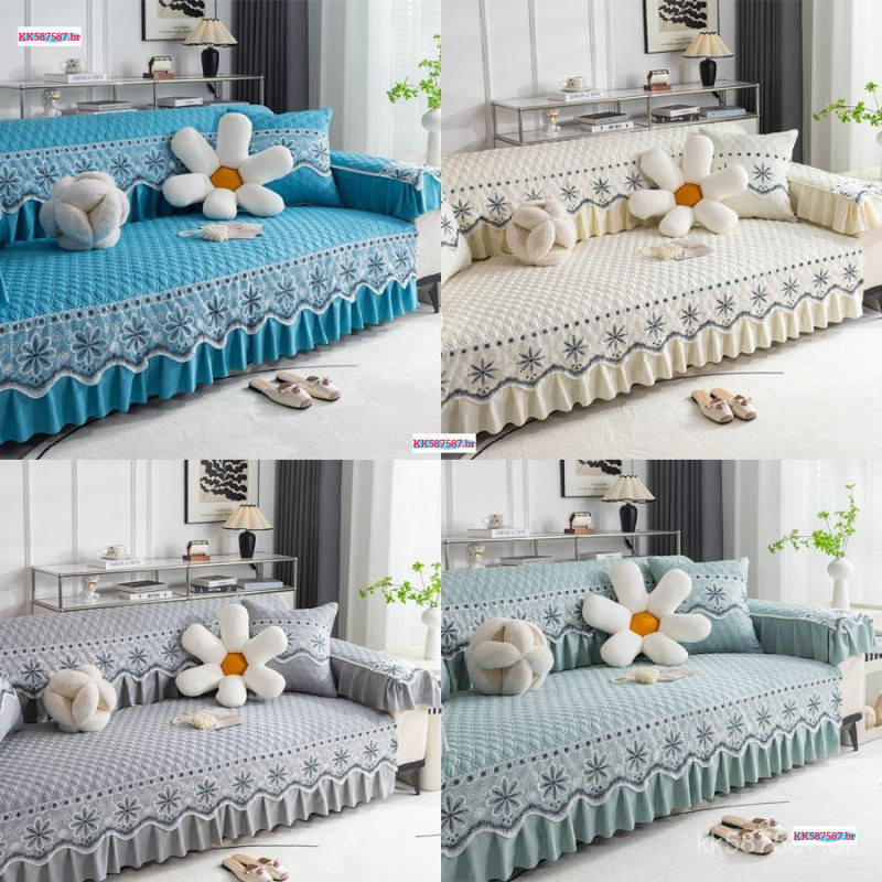 Capa de sofá antiderrapante com saia de renda, protetor de móveis espesso, decoração nórdica para sala de estar UHPM
