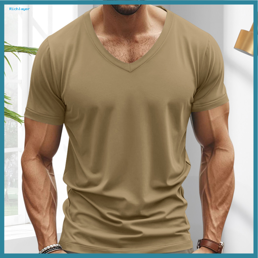 Men T-shirt Breathable Top Men's Summer Quick-dry V-neck Short Sleeve Loose Fit Pullover Solid Color Mid-length for Spor