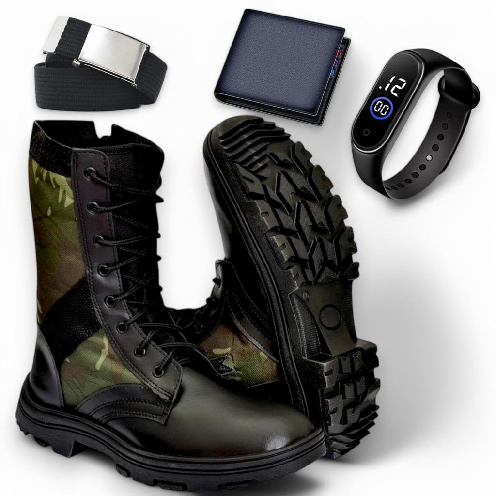 Kit Coturno Adventure Masculino 4 em 1 Bota Cano Alto + Carteira + Pulseira Digital + Cinto Promoção Relâmpago