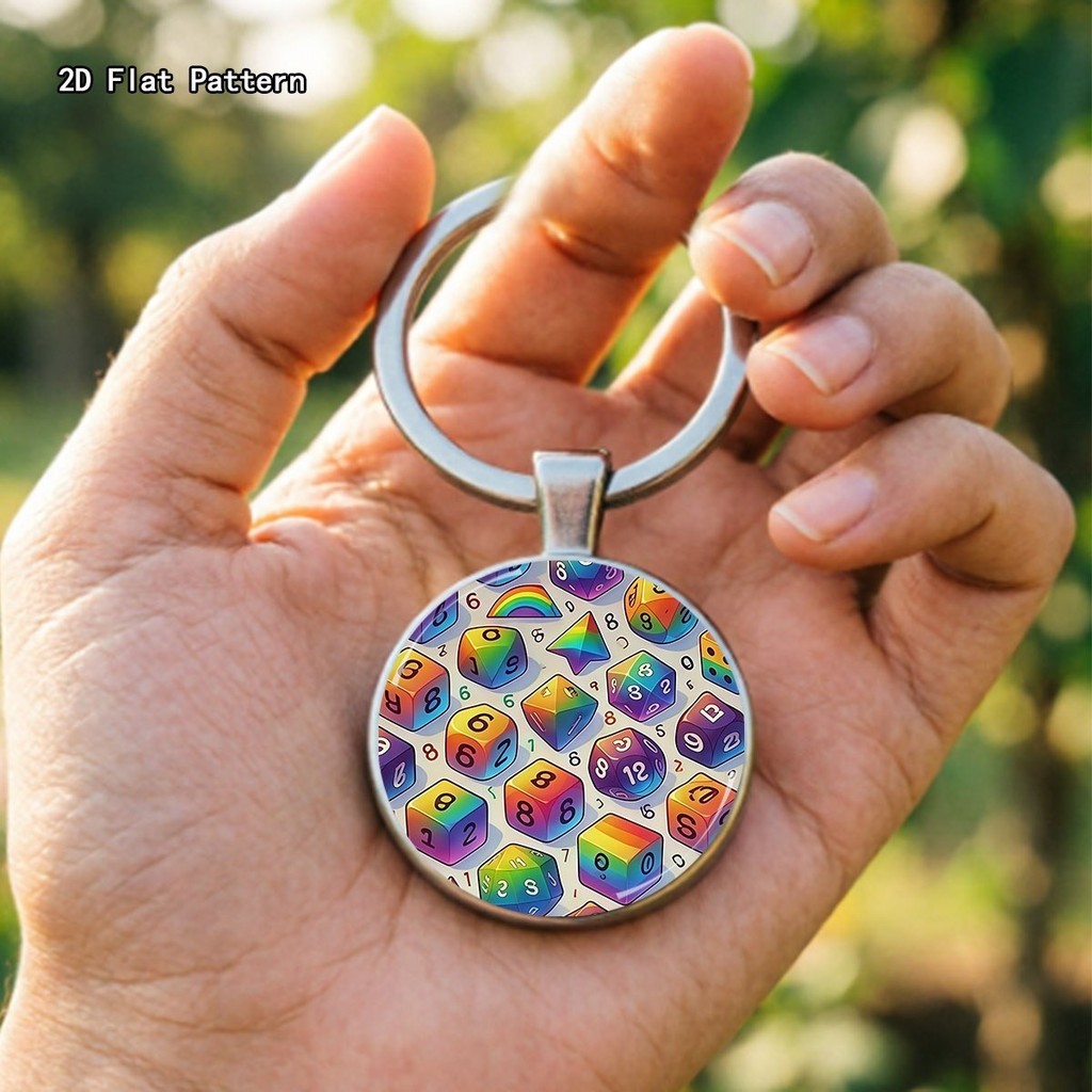 1pc Chaveiro De Liga De Zinco , Design De Impressão De Dados Poliédricos Coloridos Circulares Vibrantes , Jogo Caprichos