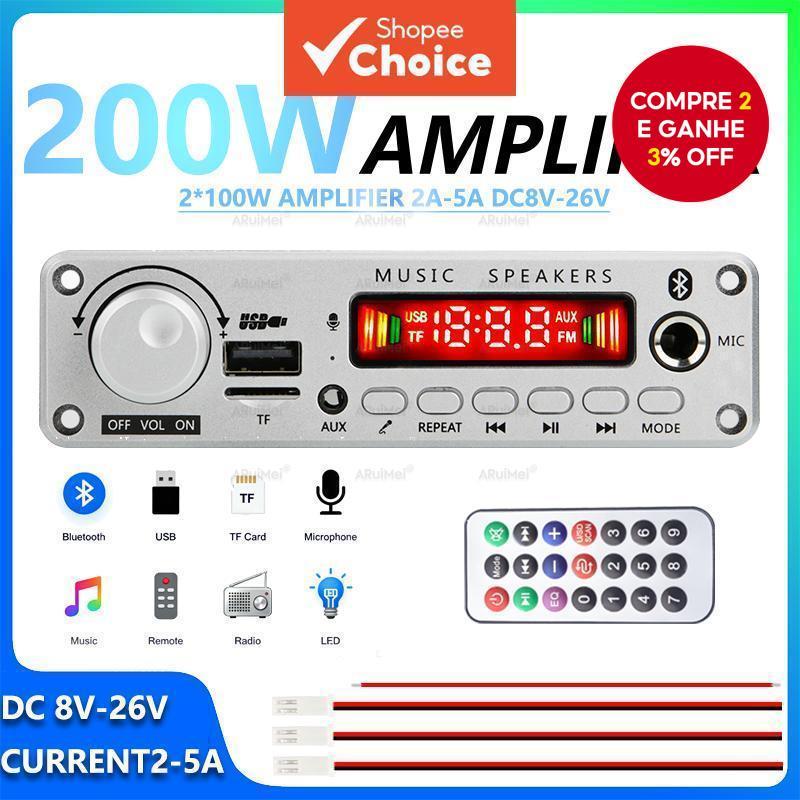 Placa Amplificadora Bluetooth 2x100W DC 8V-26V 2-5A com Controle Remoto, Cabo de Força e Fio de Alto-falante, Caixa de